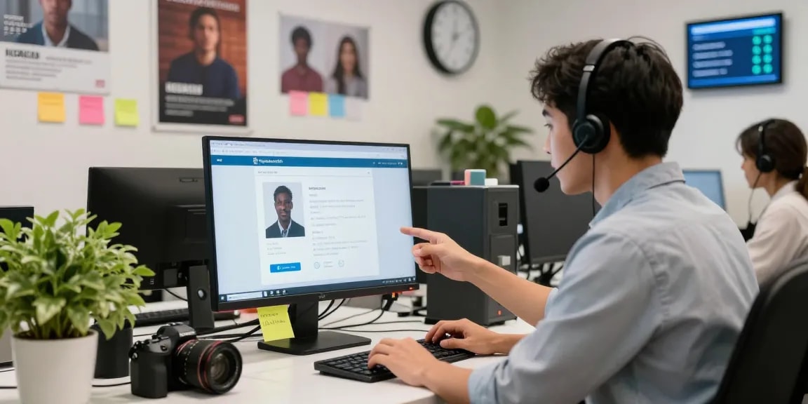 Customer support representative assisting clients with rajaberas88 technical issues in a vibrant office