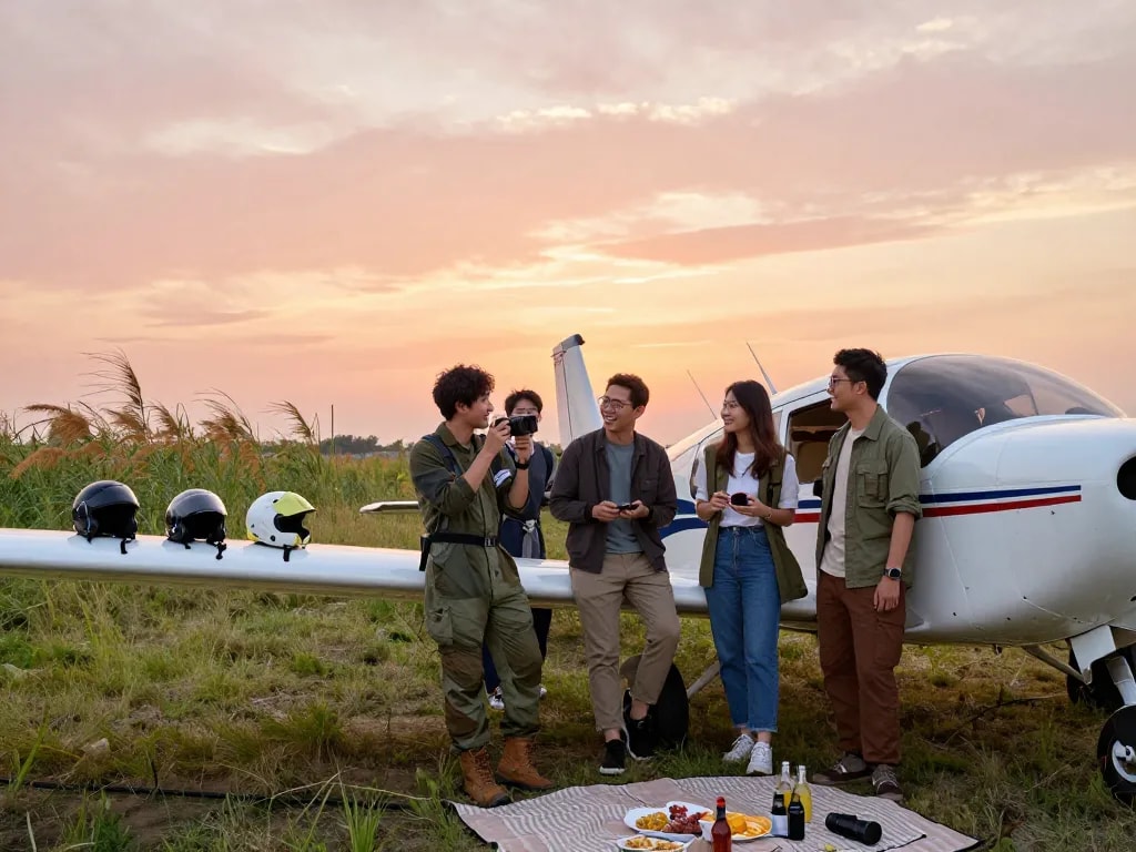 Friends enjoying a sunset celebration at an airfield after a Fly88 discovery flight, capturing the excitement of aviation adventures.