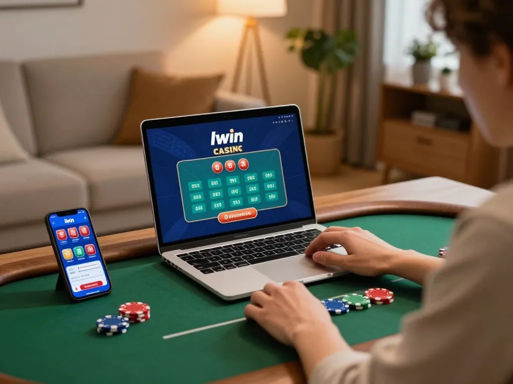 Player engaging with llwin casino app on laptop, surrounded by poker chips in a cozy home setting.