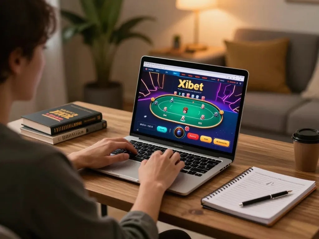 Xibet player enjoying an online poker game at home, highlighting strategic gameplay.