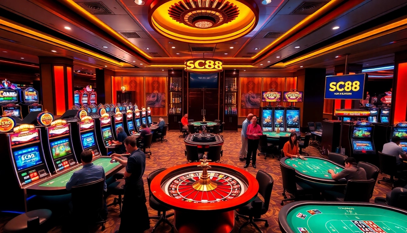 Exciting SC88 casino scene featuring poker tables, slot machines, and a roulette wheel.