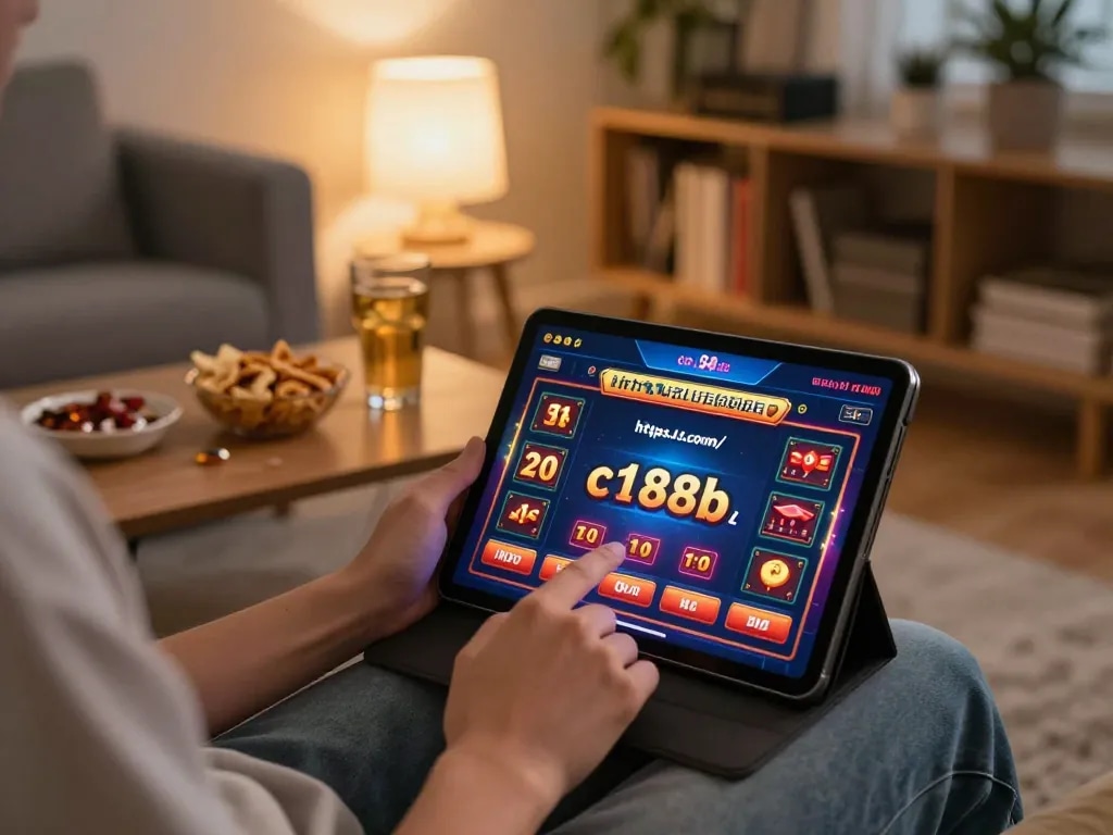 Engaging with https://c168b.com/ on a tablet, displaying an interactive casino game in a cozy home atmosphere.