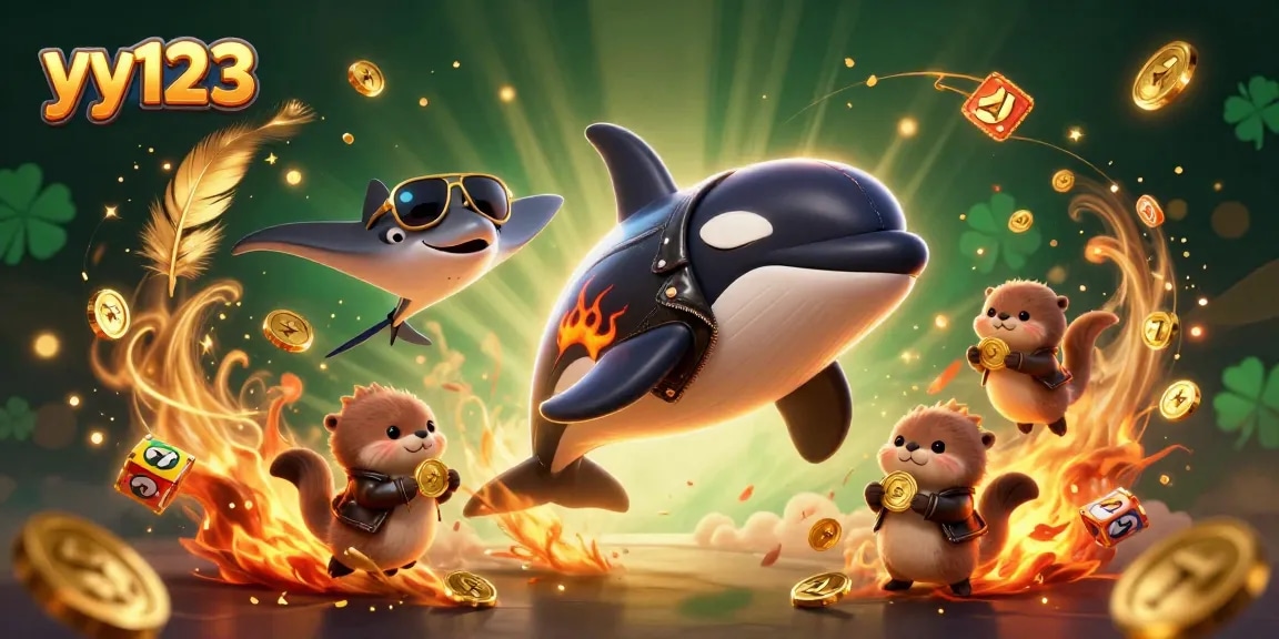 yy123 showcases vibrant casino entertainment with a dynamic scene of an orca whale, stingray, and sea otters amidst gold coins and slot reels.