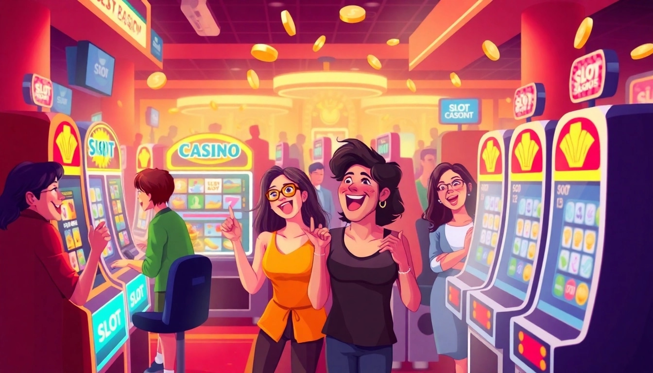 Excited players enjoying slot gacor games at a vibrant online casino.
