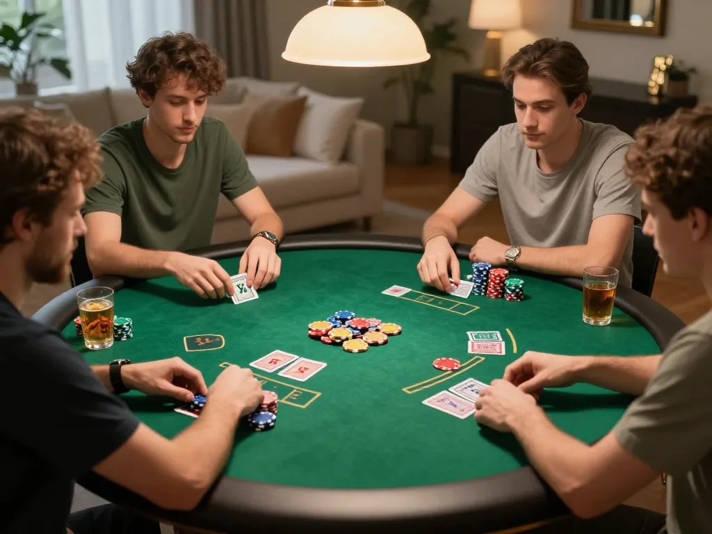 Tài Xỉu gameplay at a home poker night with players and chips visible.