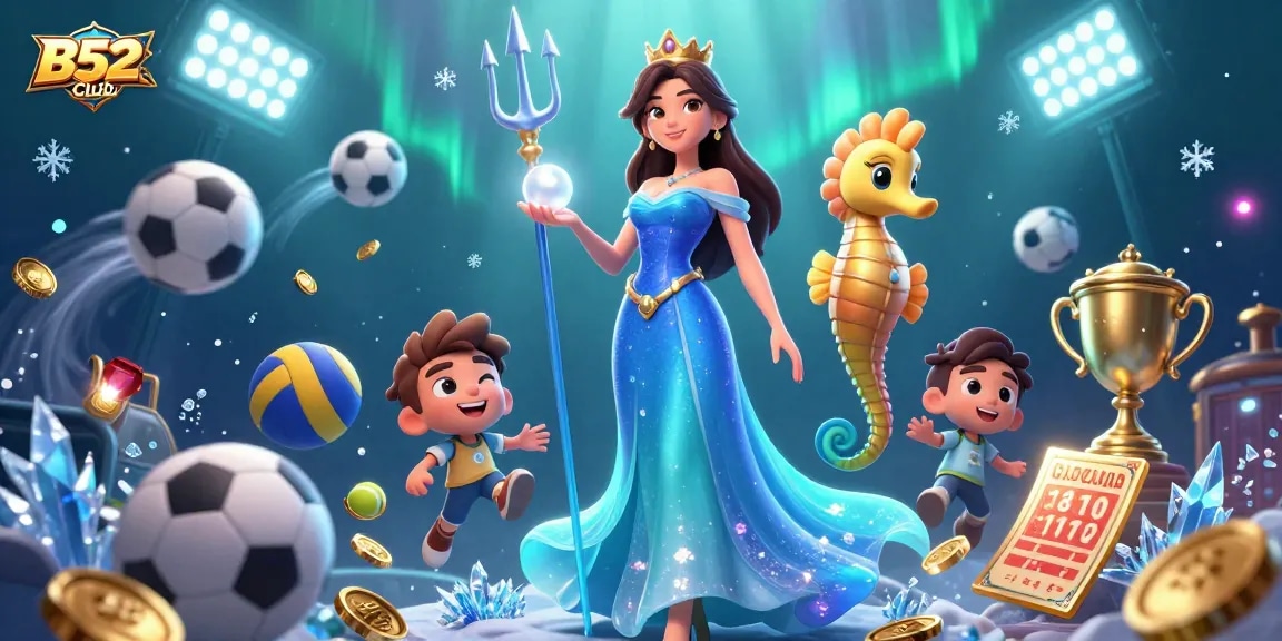B52Club showcases a stunning underwater scene with a captivating woman and seahorse king, embodying exciting casino elements.
