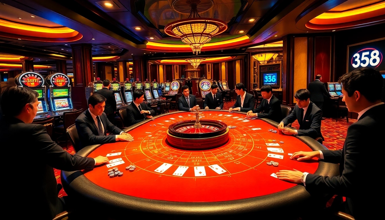 Exciting poker action at SV 368 casino, showcasing professional players and vibrant game tables.