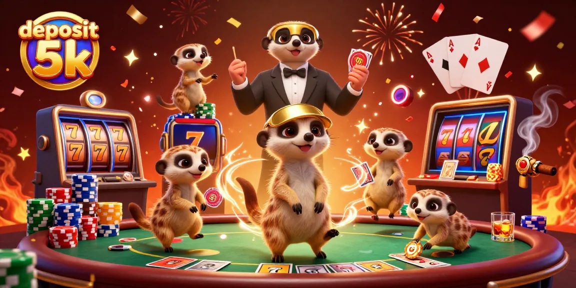 Experience thrilling wins at deposit 5k with a vibrant 3D cartoon casino scene featuring lively meerkats.