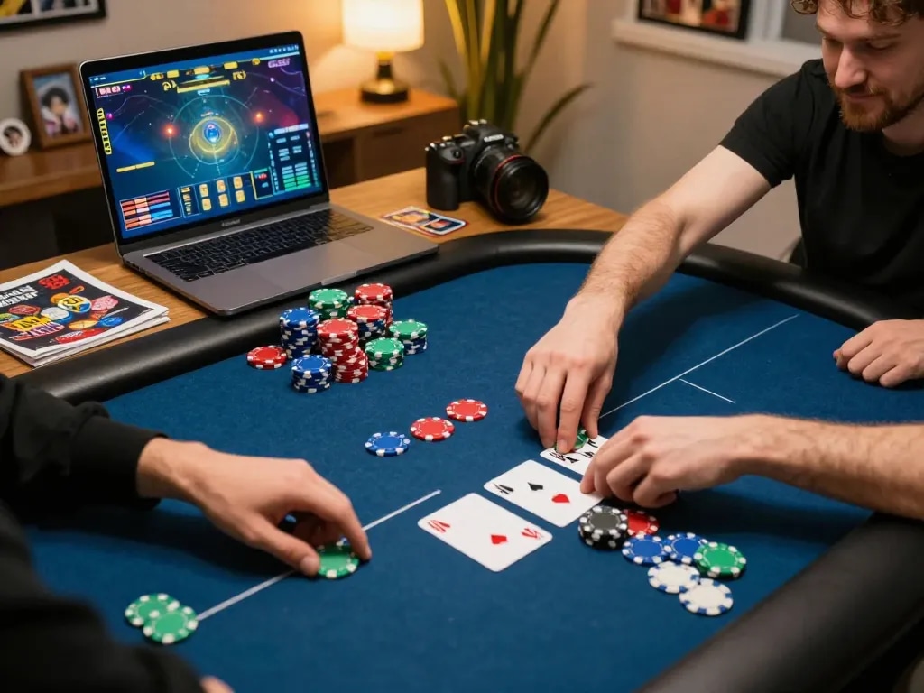 Player engages in a thrilling online poker game with jangkar55, exuding confidence during a strategic bet