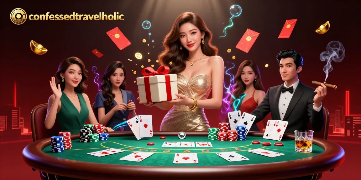 Engage with confessedtravelholic as a stunning Asian woman in a festive casino setting for an exciting gambling experience.