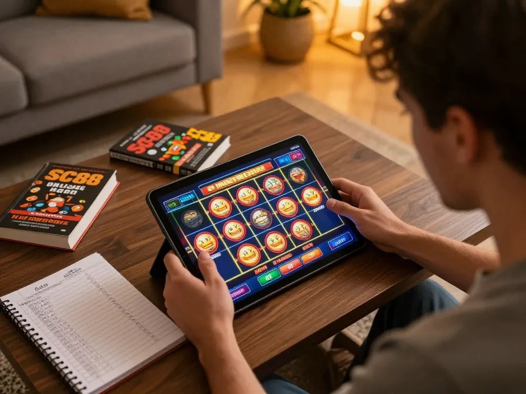 Player engaging with SC88 online slots while managing bankroll and strategy notes in a cozy home setting.