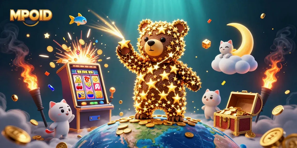 MPOID offers thrill with a constellation bear scooping coins amidst a vibrant casino scene
