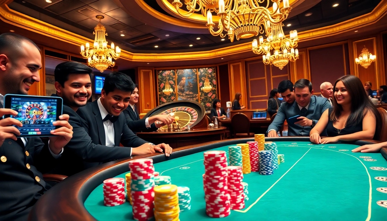Players enjoying a thrilling game at 789fclub's vibrant poker table in a luxurious casino setting.