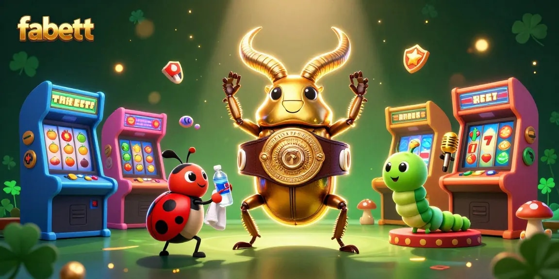 Engage in fabett's vibrant casino world with a golden stag beetle champion surrounded by colorful slot games