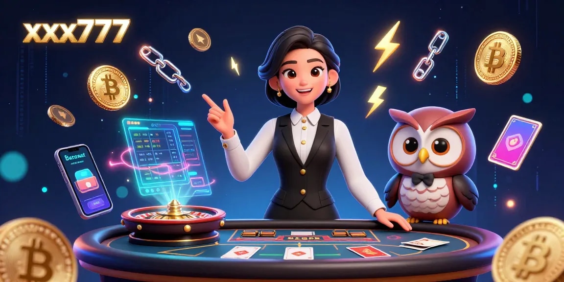Experience immersive gaming at xxx777 with expert dealers and crypto elements in a dazzling casino scene.
