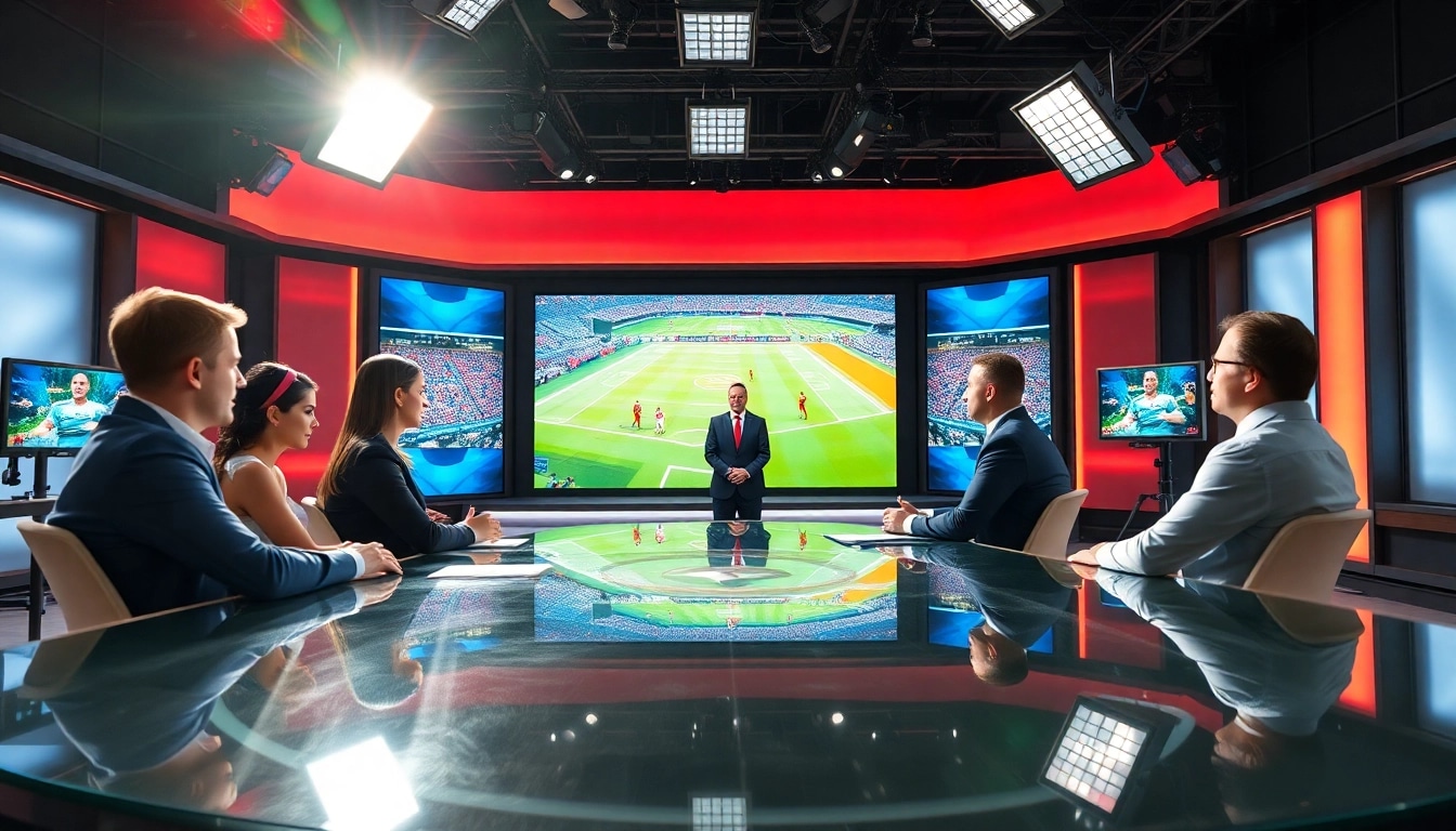 Sports Broadcasting studio showcasing presenters discussing live events with excitement.