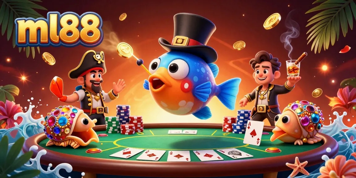 Engage in a thrilling ml88 casino adventure with vibrant 3D sea creatures and poker elements.