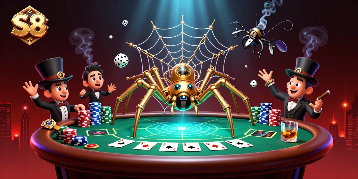 S8 engages players in a vibrant 3D casino scene with golden spider and poker excitement.