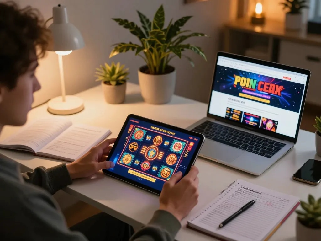 Berinteraksi dengan antarmuka slot online di tablet selama sesi permainan santai di rumah