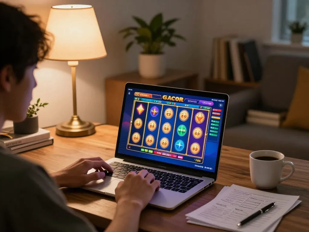 Engaging in thrilling slot gacor gameplay on a laptop in a cozy home environment with strategy notes