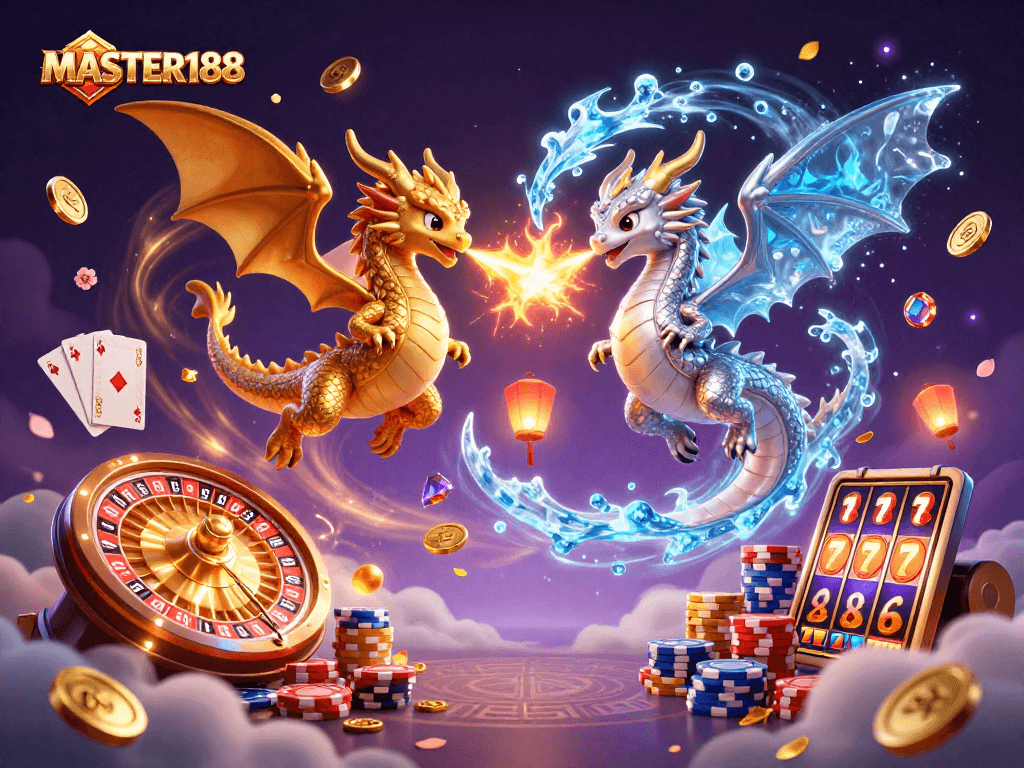 Experience excitement with MASTER188 as twin cartoon dragons unleash fire and ice in a vibrant casino world.