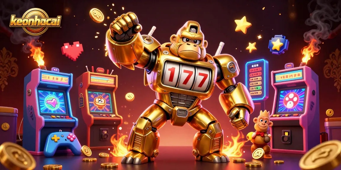 Engaging scene of keonhacai-themed 3D gorilla mech amidst arcade elements and vibrant coins.