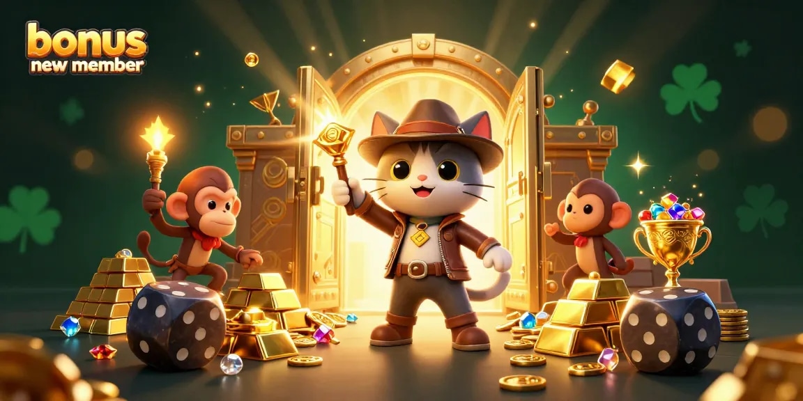 Illustration showcasing a bonus new member scene with an explorer cat and monkey in a golden casino.