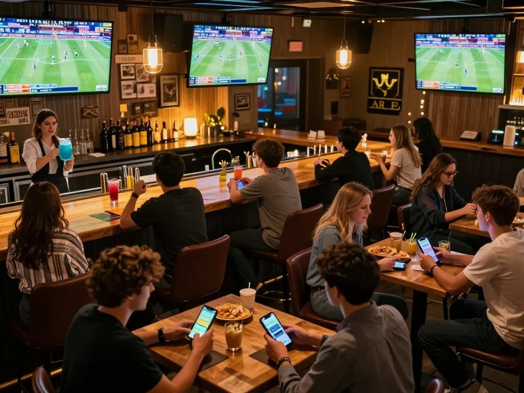 Engaged sports fans using kèo nhà cái app at a vibrant sports bar.