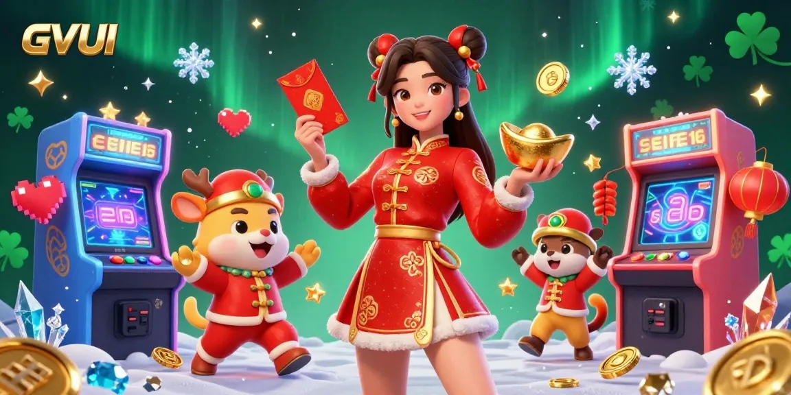 Experience the thrilling world of GVUI with engaging gaming elements and festive characters in this vibrant casino illustration.