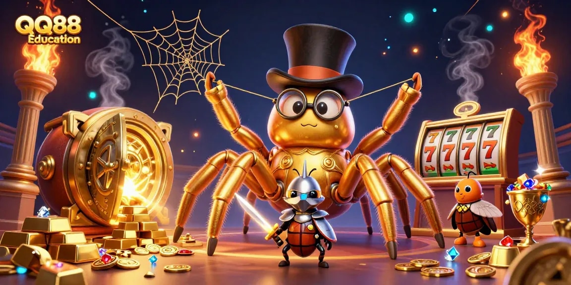 Experience the excitement of QQ88 Education with a 3D golden tarantula and beetle knight in a vibrant casino atmosphere.