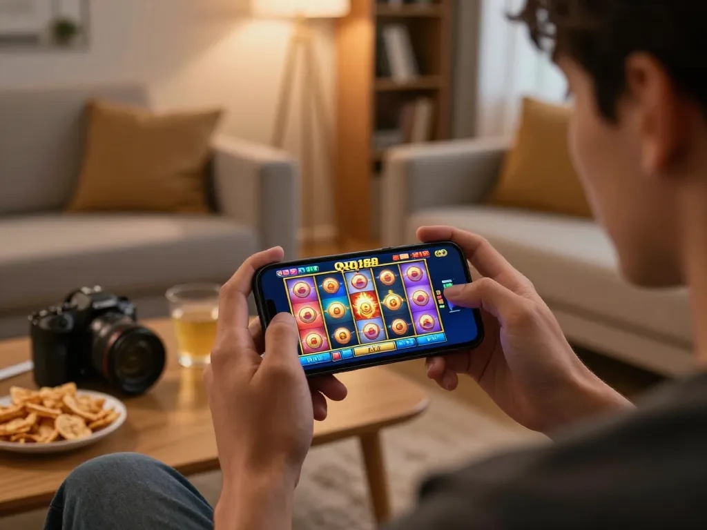 Pemain memutar Slot QQ188 di smartphone dalam suasana rumah yang nyaman, menekankan kegembiraan permainan mobile.