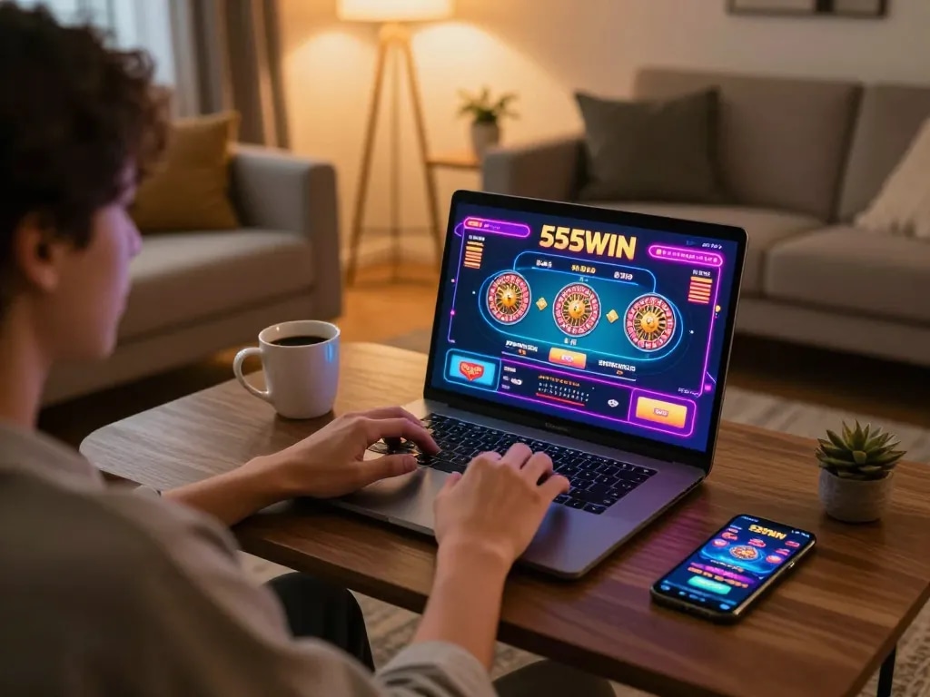 Engaging in online games at 555WIN casino, showcasing a player's excitement in a cozy environment