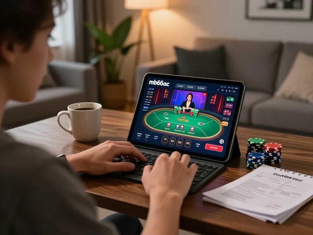 Engaging in online gambling at mb66ac from a cozy living room setup with poker displayed
