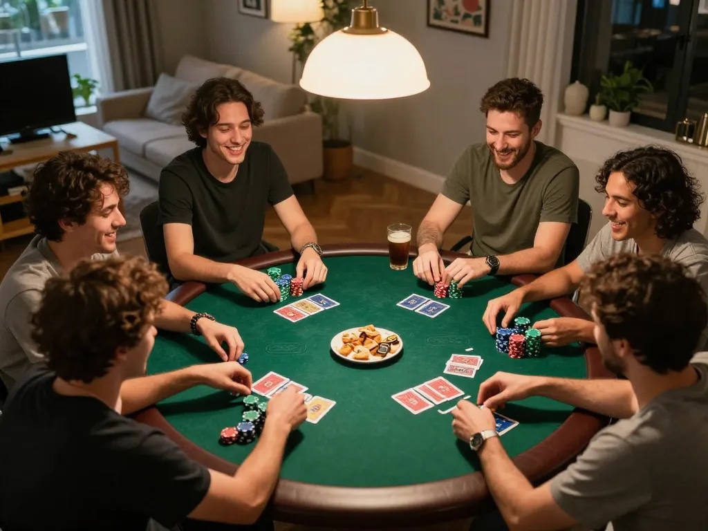 Teman-teman menikmati poker di rumah, menggambarkan strategi permainan alexis500 dan kesenangan
