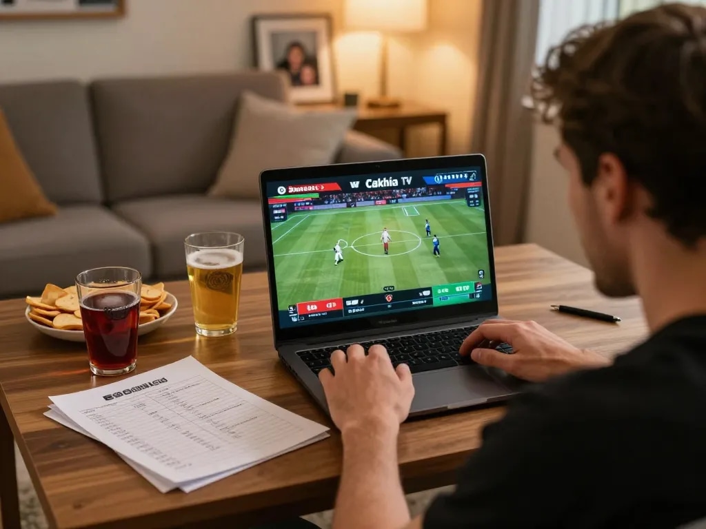 Engaged player enjoying Cakhia tv sports betting live stream in cozy home atmosphere