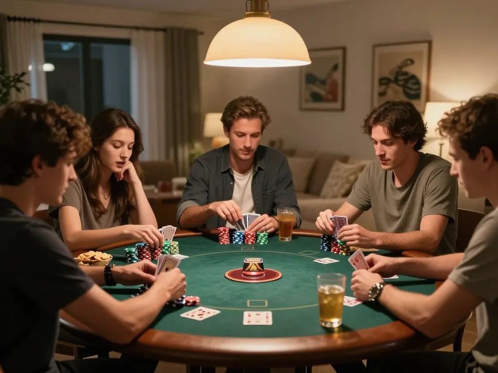 Players engaged in a poker game during an intimate home night, representing 888new com gaming excitement.