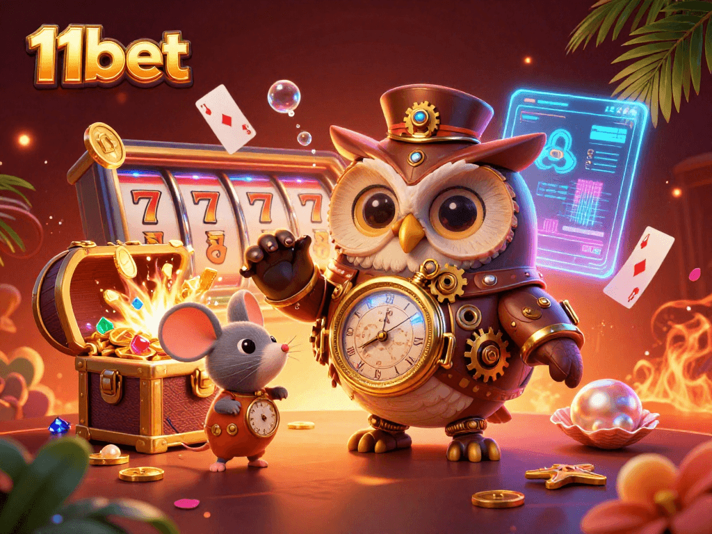 Engage with 11bet in a colorful, interactive casino scene featuring steampunk elements and vibrant games.