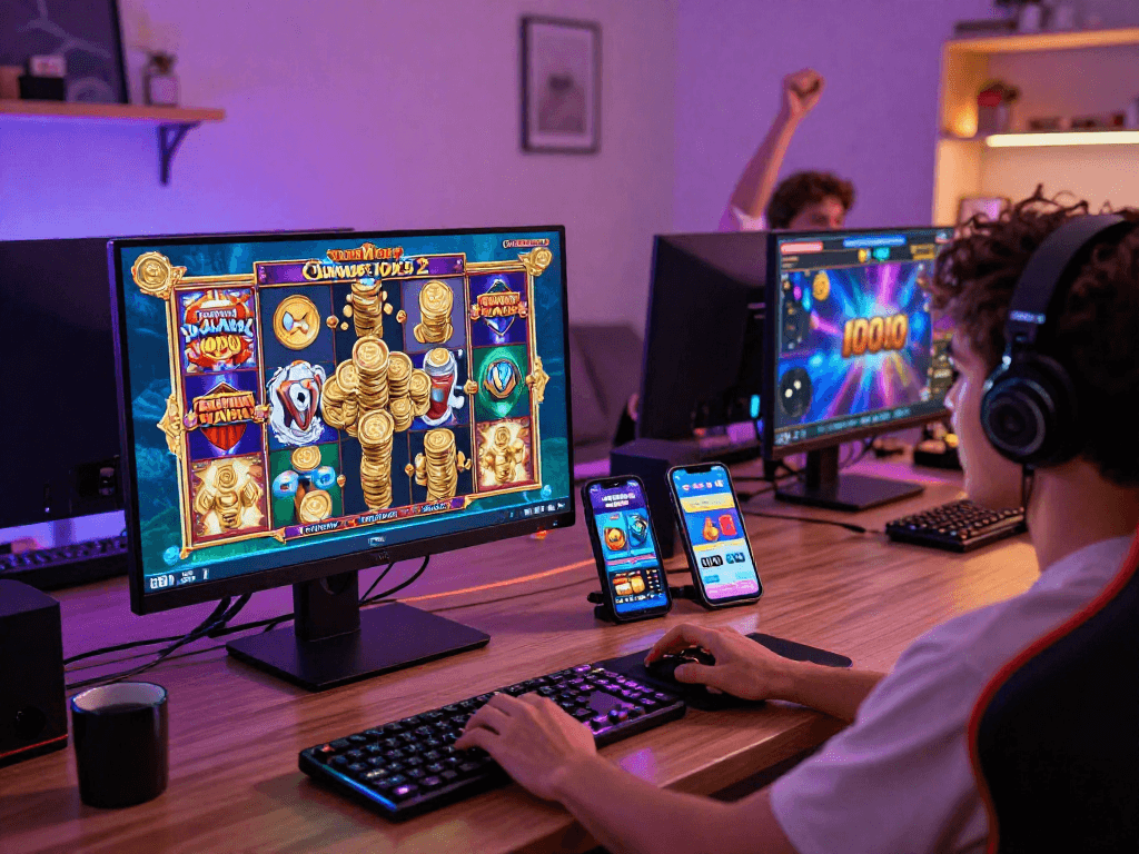 Engaging scene of a player enjoying slot resmi games on desktop and mobile devices, showcasing vibrant graphics and a lively atmosphere.