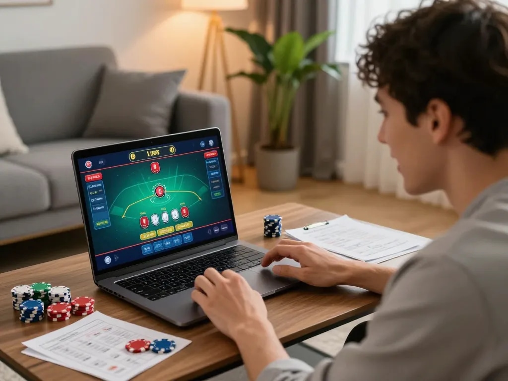 lc88 player engaged in online baccarat gameplay with chips and strategy notes