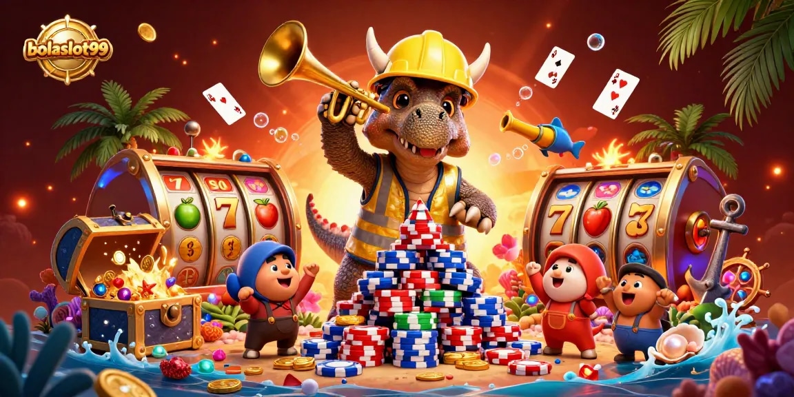 Bolaslot99 engaging players with a vibrant casino scene featuring slot elements and happy characters.