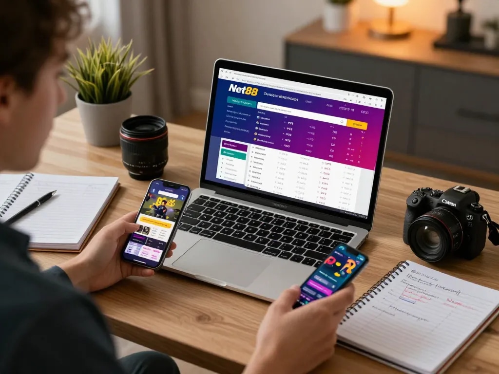 Engaging in sports betting on Net88 with laptop and smartphone displaying live odds.