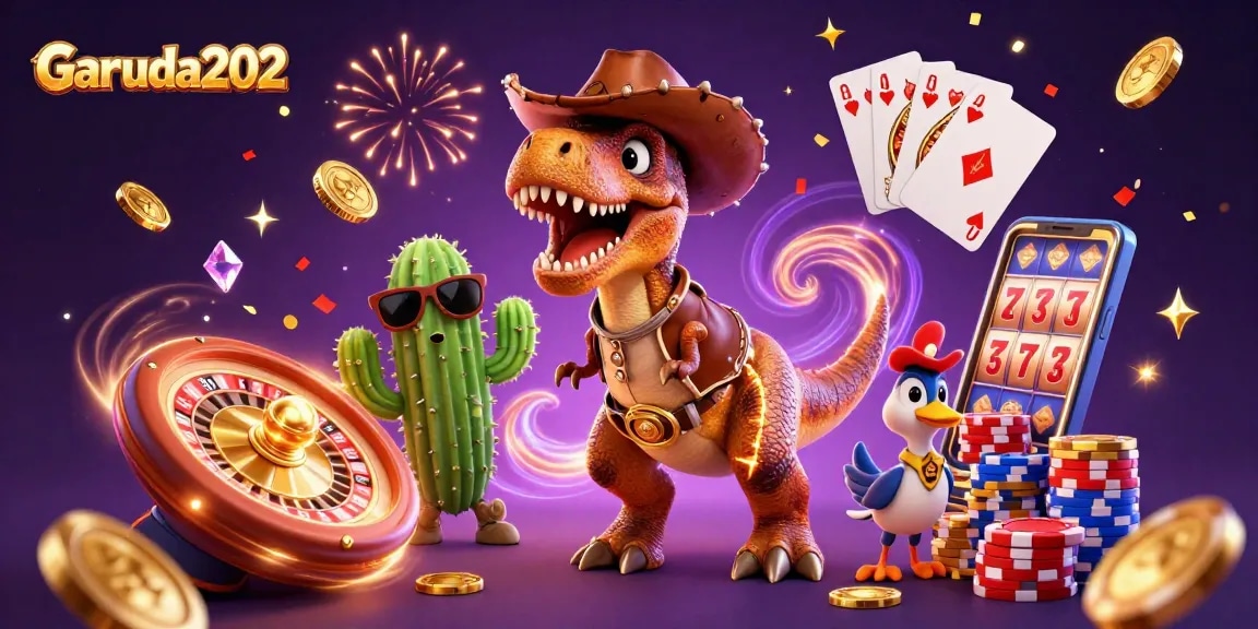 Experience Garuda202's dynamic online gaming with vibrant characters and sparkling casino elements.