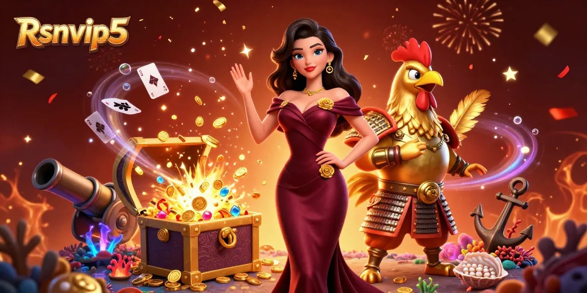 Rasakan aksi kasino yang mendebarkan dengan ilustrasi 3D berwarna-warni dari Rsnvip5 tentang permainan dan harta karun yang mengasyikkan.