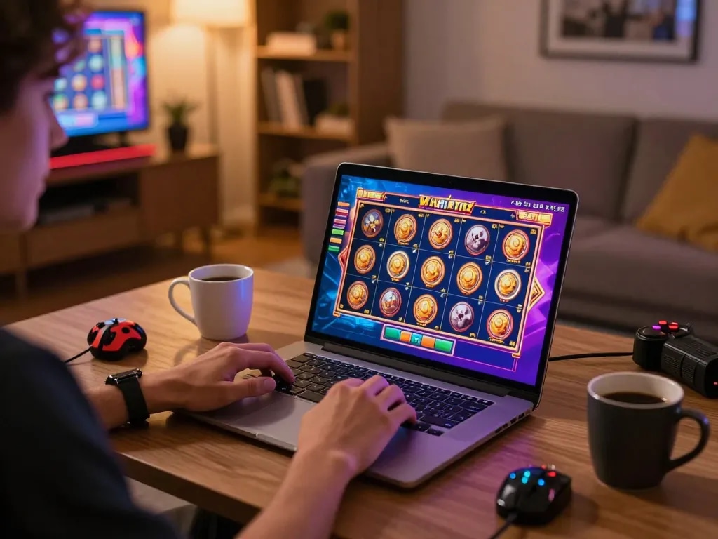 Player enjoying 78win slot games on a laptop with colorful visuals and strategic gaming accessories.