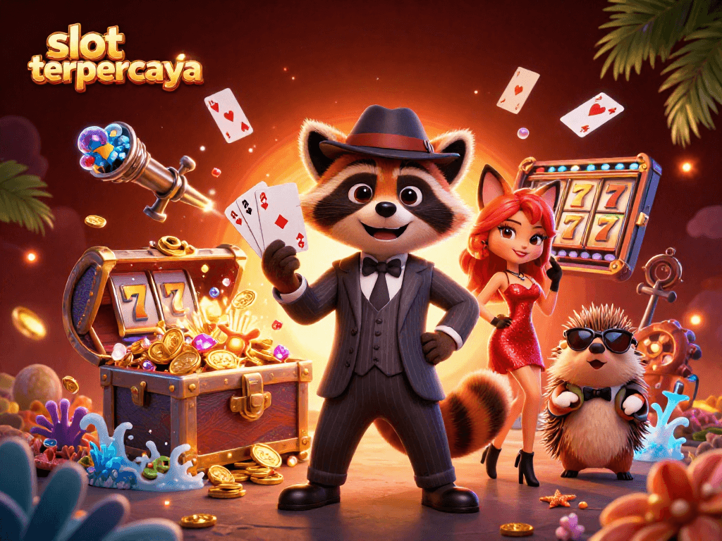 Slot terpercaya menang besar dengan gaya dalam ilustrasi kartun yang kaya detail dan elemen permainan.