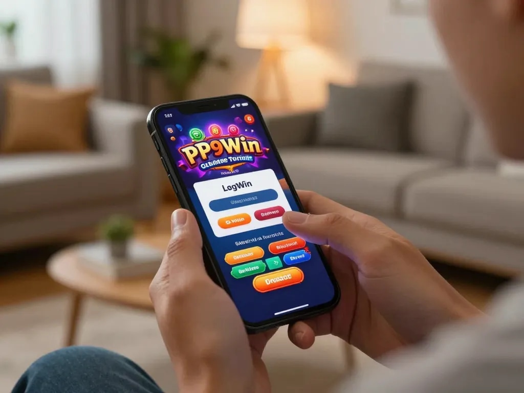 Engaging in PP9Win Login for online gaming on a smartphone in a cozy living room setting