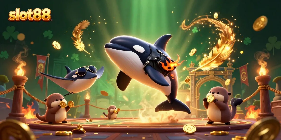 Experience thrilling slot88 games with cartoon orca, stingray, and otters in golden coins.
