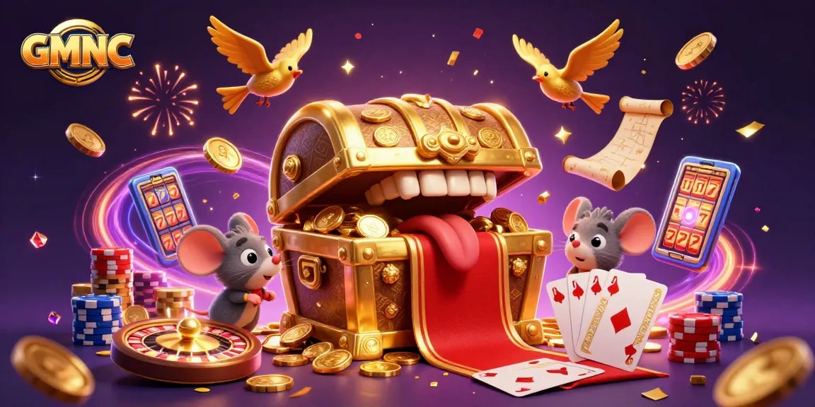 Experience GMNC excitement with a treasure chest attracting adventurer mice amidst vibrant casino elements.