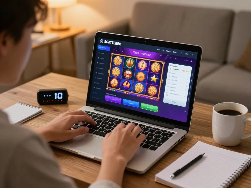 Player engaging with SCATTER911 online slots, demonstrating strategic gameplay from home.