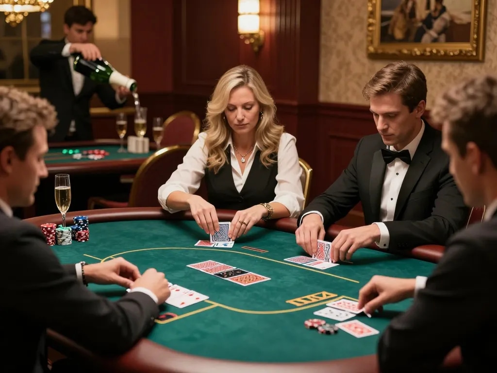 Engaged players at QQ 88 poker table focusing on strategic gameplay in a luxurious casino.